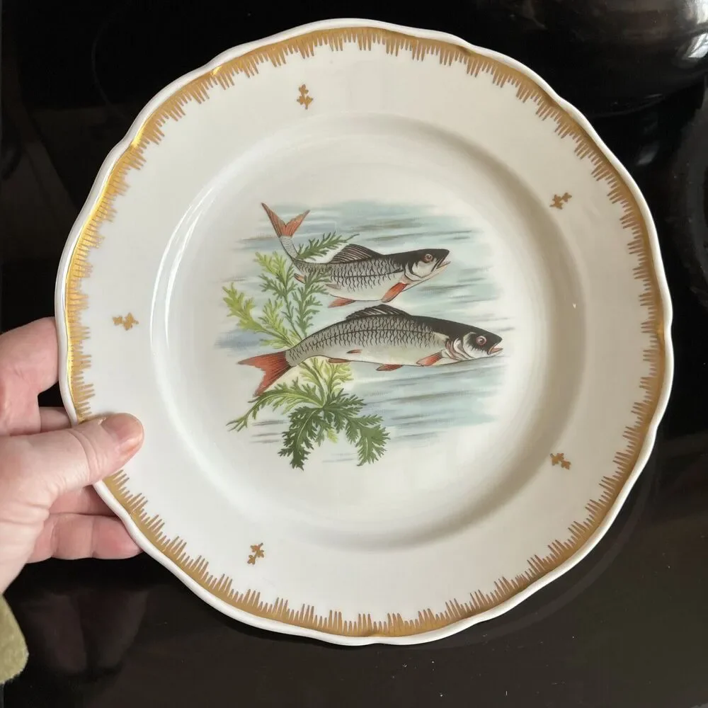 Hand Painted Fish Pattern Porcelain Dinner Plate Made In France Gold Gilt Rim